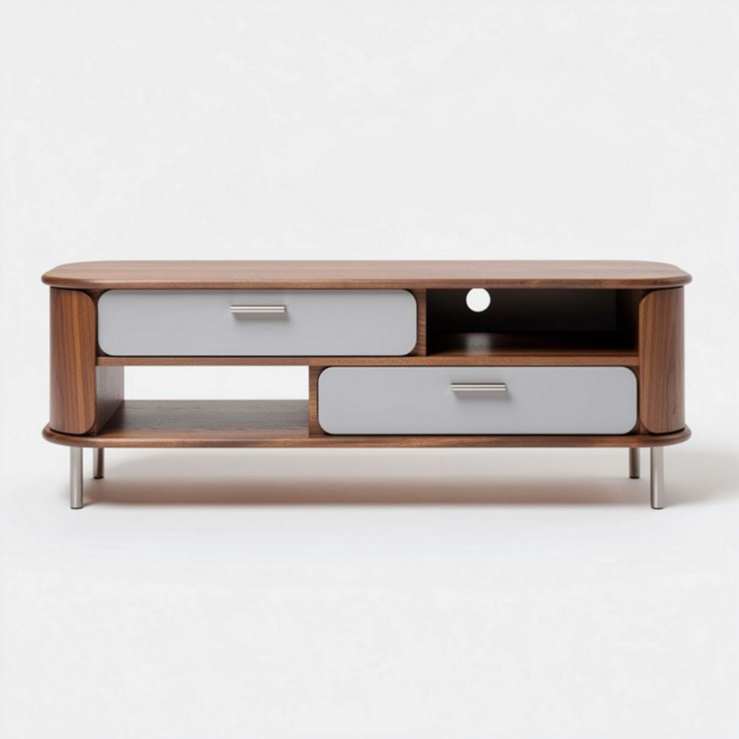Wooden media console with gray drawers and open shelves 100 x 40 x 45cm