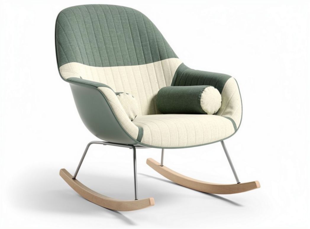 Rocking chair with fabric upholstery and wooden base in green and cream 80 x 70 x 90cm
