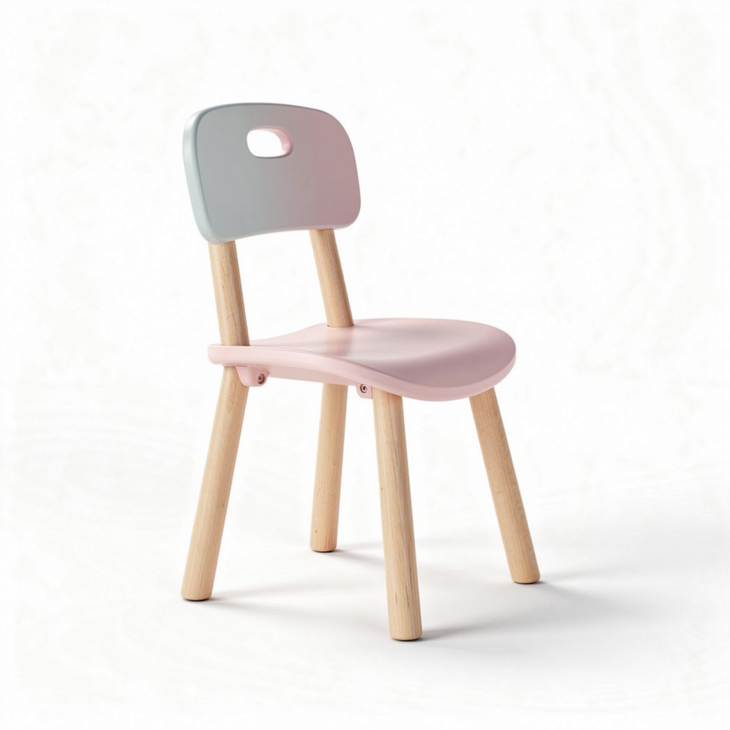 Kids chair with wooden legs and pastel gray and pink seat 35 x 30 x 60cm