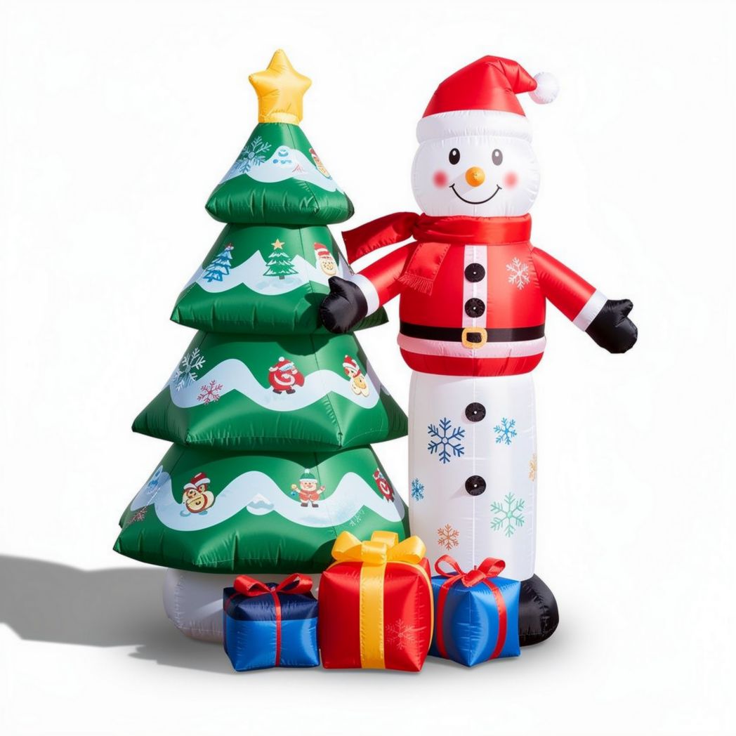 Inflatable snowman and Christmas tree with gift boxes for outdoor decoration