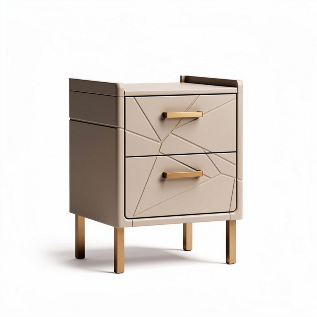 Modern geometric nightstand with two drawers in beige finish and gold legs 45 x 40 x 60cm